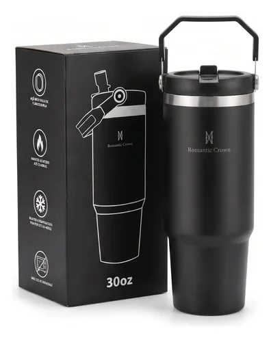 Garrafa Térmica Inox 900ml Tampa Flip Straw Canudo Com Alça Preto