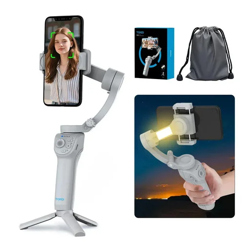 Gimbal Estabilizador TOKQI M01 de 3 Eixos para Celular com Luz e Tripé