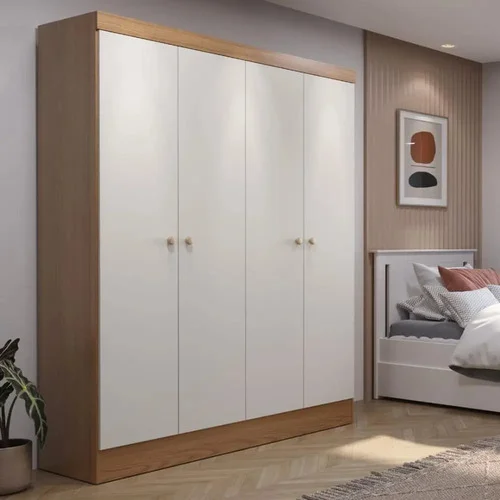 Guarda-roupa Solteiro 4 Portas Renzo 135cm 5 Nichos Quarto Cor Carvalho/Off White