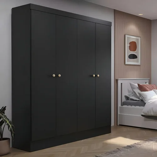 Guarda-roupa Solteiro 4 Portas Renzo 135cm 5 Nichos Quarto Cor Preto Fosco