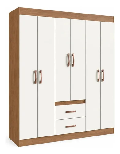 Guarda Roupa Solteiro 6 Portas 2 Gavetas Sidney Doripel Cor Off White/nogueira