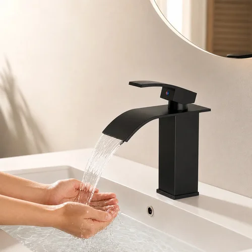 Heemli Torneira Cascata Bica Baixa Quadrada Banheiro Prata Preto Fosco