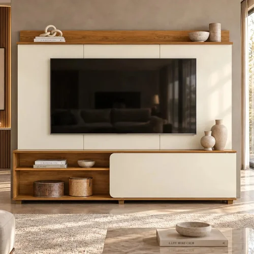 Home Anápolis para TV de até 60” – Painel Moderno Off White e Canela de 160 cm