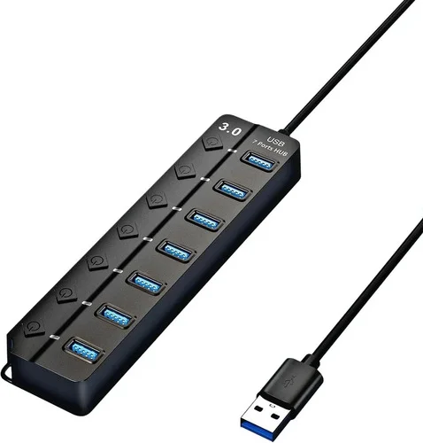 Hub Usb 3.0 7 Portas Entradas Alta Velocidade 5gbps Com Led E Botões Individuais Plug And Play Compatível Com Notebook Pc Tv Console Impressora Mouse E Teclado Pen Drive Cooler Premium Eletric Teck