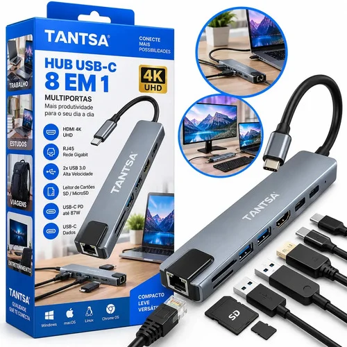 Hub USB C 8 Em 1 Tantsa Adaptador Multiportas HDMI 4K RJ45 Ethernet 2 USB 3.0 Leitor Cartão SD Micro SD TF USB C Power Delivery PD Dock Station Para Notebook MacBook Computador