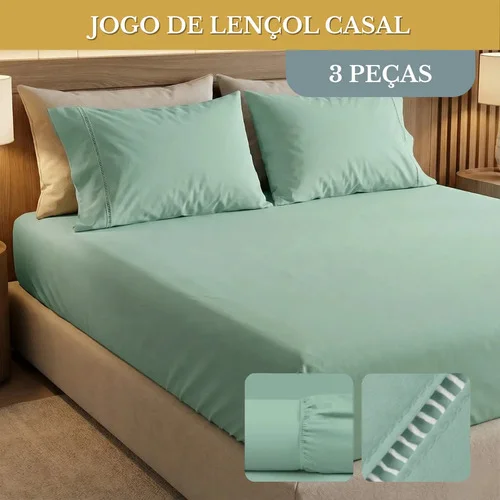 Jogo De Lençol Cama Casal 03 Peças 400 Fios Ponto Palito Cor Verde Desenho Do Tecido Lisa