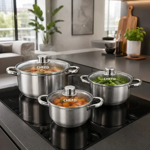 Jogo de Panelas 3 Peças Aço Inox Chef D Kit 3 Caçarolas 20 cm 18 cm 16 cm Tampas de Vidro Fundo Triplo Indução Gás Saudável Atóxico