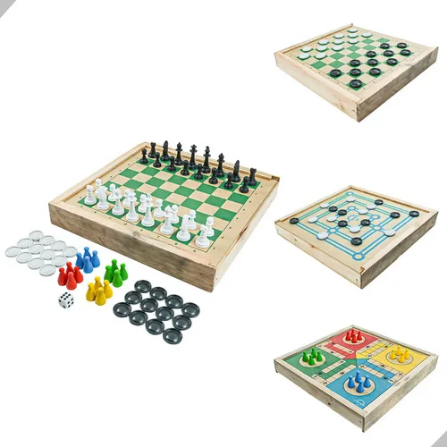 Jogo de Tabuleiro 4 em 1 Dama Xadrez Ludo Trilha Estratégia