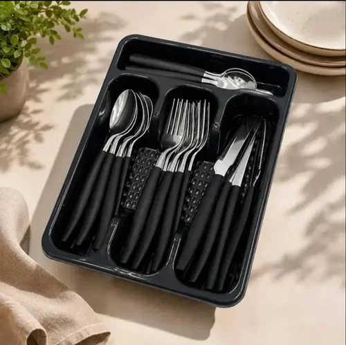 Jogo de Talheres Line Inox Preto com Suporte 25 Peças
