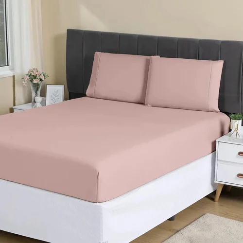 Jogo Lençol Casal 3pç 400 Fios Hipercal Conforto Macio Cor Rosa Desenho do tecido Liso