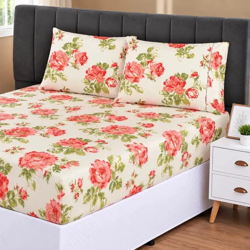 Jogo Lençol Casal 3pç 400 Fios Hipercal Conforto Macio Pétalas Rosa Com Verde Estampado