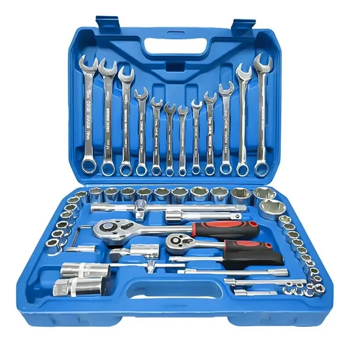 Jogo Soquete Chave Combinada Catraca Kit 61 Pcs Com Maleta Azul