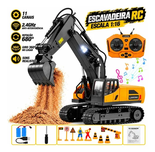 Jogojunto Escavadeira de Controle Remoto 11 Canais Rotação 680° Pá de Metal 2 Baterias Recarregáveis Luzes e Sons com Acessórios de Construção
