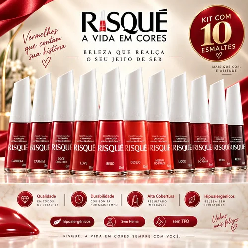 Kit 10 Esmaltes Risque Vermelhos Clássicos Mais Vendidos Vermelho