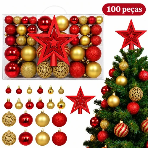 Kit 100 Bolas De Natal Lisas Foscas Glitter Com Estrela Dourada Decoração Completa Grande Enfeite Artificial Arvore De Natal Kizumba Cor Mista