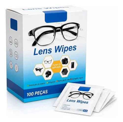 Kit 100 Lenços Limpa Lentes Óculos Câmera Tela Umedecido Top