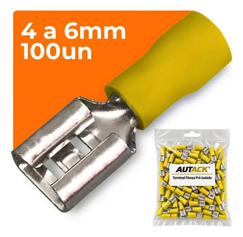 Kit 100un Terminal Femea Faston 4 a 6mm² 6,3mm Vermelho Pre-Isolado Eletrico Autack Fio Cobre Crimpa Automotivo