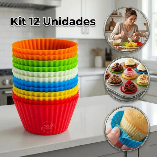 Kit 12 Formas De Silicone Antiaderente Cupcake Bolinho Empada Muffin Forno Air Fryer Micro-ondas Lavável Reutilizável Ciclo Alternativa