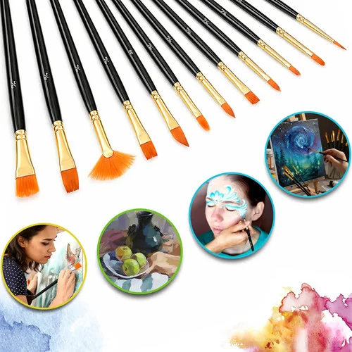Kit 12 Pincei Para Pintura Em Tela Aquarela Óleo E Acrílica Preto