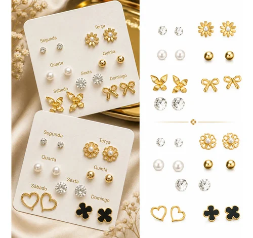 Kit 14 Pares De Brincos Minimalista Elegante Perola Zirconia Dourado