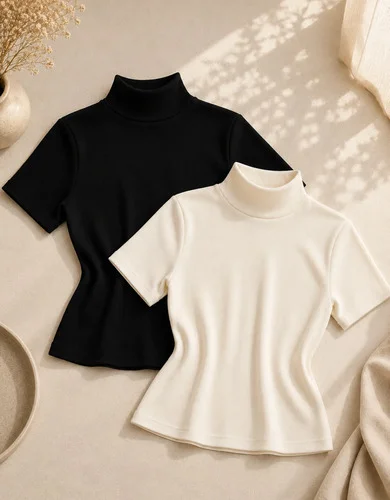 Kit 2 Blusas Feminina Canelada Gola Alta Ribana Básica Preto/off-white Liso P/m