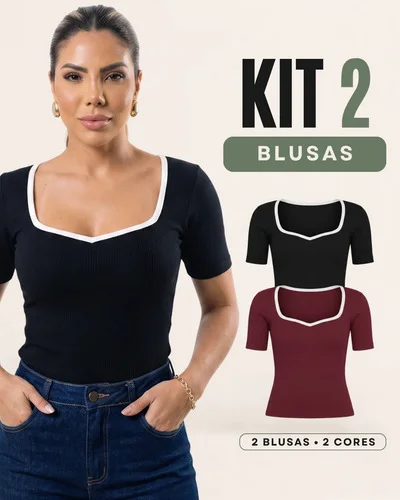 Kit 2 Blusas Femininas Decote Coração Anarruga Social Slim