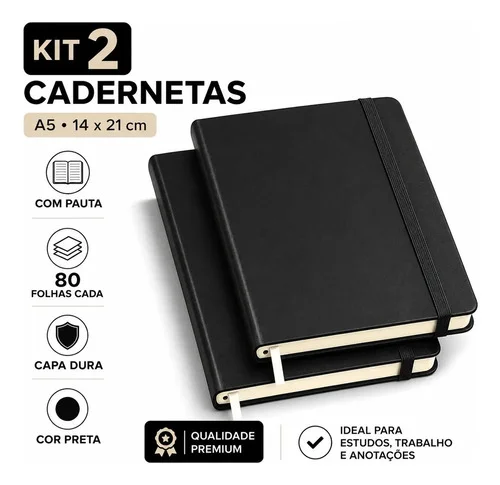 Kit 2 Caderneta Com Pauta Anotações Tipo Moleskine 80 Folhas A5