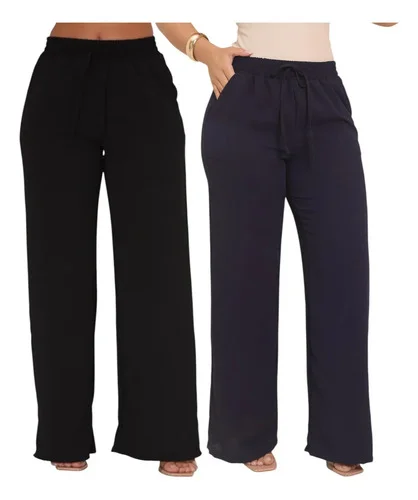 Kit 2 Calça Feminina Duna Pantalona Wide Leg Cintura Alta