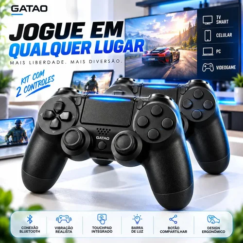 Kit 2 Controles Compatível Com PS4 Playstation 4 Sem Fio Bluetooth Joystick Gamepad Gamer Manete Com Vibração Touchpad Para Videogame PC Smart TV Celular Android iOS Preto Gatao