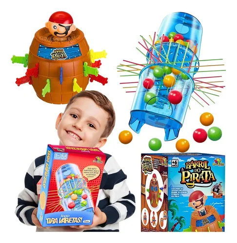 Kit 2 jogos de tabuleiro infantil educativos pedagogicos Tira Vareta Tubo Pega Varetas Art Brink e Jogo Barril Pula Pirata Art Brink