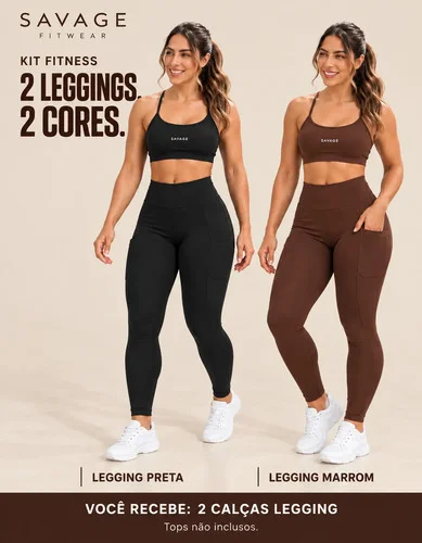 Kit 2 Legging Feminina Zero Transparência Cós Alto Com Bolso Preto/marrom Lisa Gg