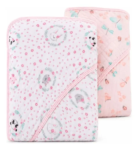Kit 2 Toalhas Fraldas De Banho Bebê C/capuz Soft Macia Rosa