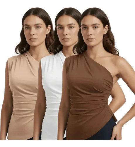 Kit 3 Blusa Feminina Elegante Mula Manca Assimétrica Casual  Preto-nude-marrom G