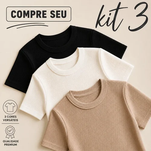 Kit 3 Blusas Feminina Baby Tee Canelado Confortavel Basica Preto,branco, Nude Lisa Gg-(42)