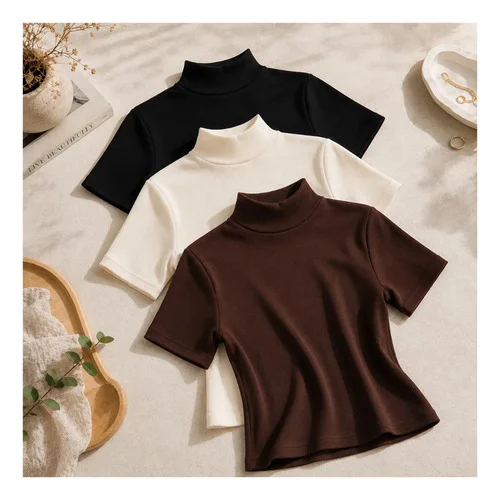 Kit 3 Blusas Gola Alta Feminino Manga Curta Básica Casual Preto/marrom/off-white Lisa P/m