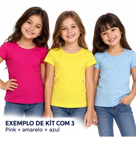 Kit 3 Blusas Manga Curta Infantil Feminina Em Cotton