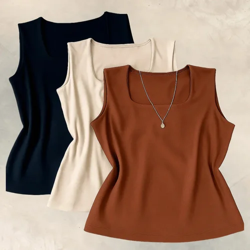 Kit 3 Blusas Regata Plus Size Gola Quadrada Casual Estilosa Kit 3 - Preto, Nude E Marrom Gg/exg (46/52