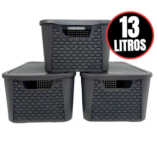 Kit 3 Caixas Organizadoras Rattan 13 Litros Com Tampa Cesto Organizador Plástico Retangular Vazado para Roupas Brinquedos Maquiagem Banheiro Quarto Lavanderia Armário Closet Casa Organização - PRETO