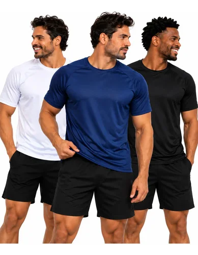 Kit 3 Camiseta Dry-fit Premium Masculina Academia Caminhada Preta Branca E Azul Lisa M 40-42