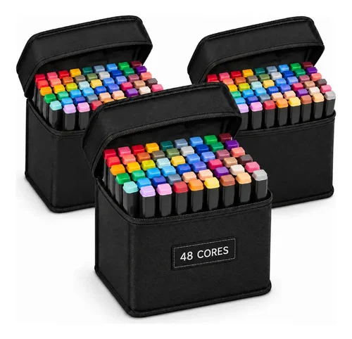 Kit  3 Canetinhas Cores Bobbie Goods Ponta Dupla Colorir Colorido 48 Cores