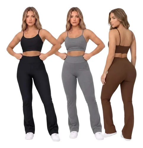 Kit 3 Conjunto Academia Calça Legging E Top Roupa Feminina Preto-mescla-marrom M