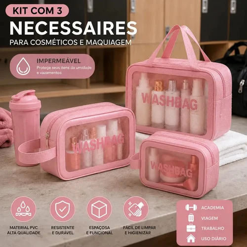 Kit 3 Necessaires Tche Amo Impermeáveis de PVC para Viagem Rosa