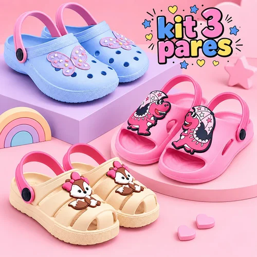 Kit 3 Pares Sandália Babuche Infantil Menina Chinelo Nuvem