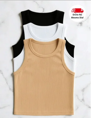 Kit 3 Peças Regata Cropped Feminina Básica Canelada