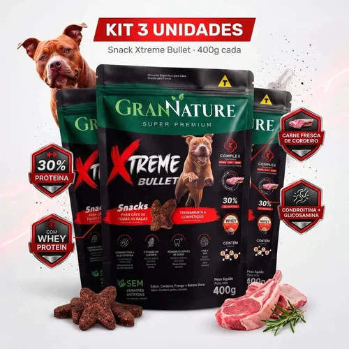 Kit 3 Petiscos GranNature Xtreme Bullet para Cães com Whey Protein e BCAA Sabor Cordeiro e Frango 400g