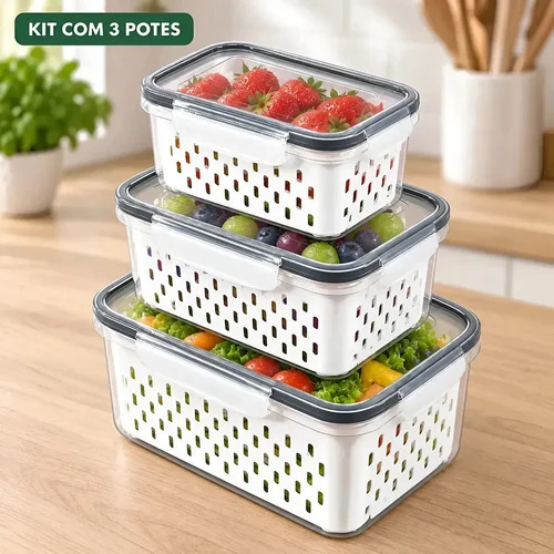 Kit 3 Potes Herméticos Organizador De Geladeira Porta Mantimentos Com Cesto Escorredor Removível Frutas Verduras Legumes Salada Empilhável Freezer Micro-ondas Lava-louças Livre BPA Transparente PALADA