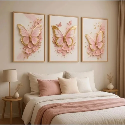 Kit 3 Quadros Decorativos 60x40cm Borboletas Delicadas Rosa-claro Rosa