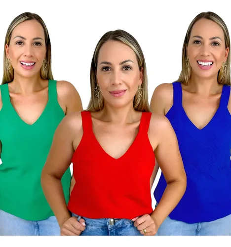 Kit 3 Regata Alça Larga Duna Feminina Dia A Dia Pratica