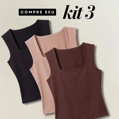 Kit 3 Regata Feminina Decote Quadrado Alça Grossa Elegante Preto, Marrom E Nude M/g (36/40)