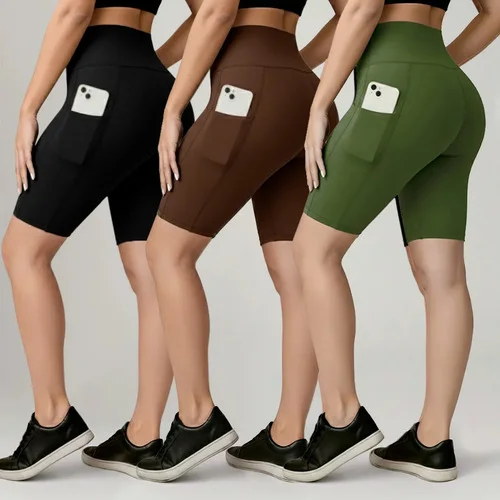 Kit 3 Shorts Legging Feminino Bermuda Cintura Alta Com Bolso